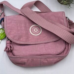 Kipling Finlay Crossbody Nylon Bag Adjustable Strap Lightweight Pink Monkey
